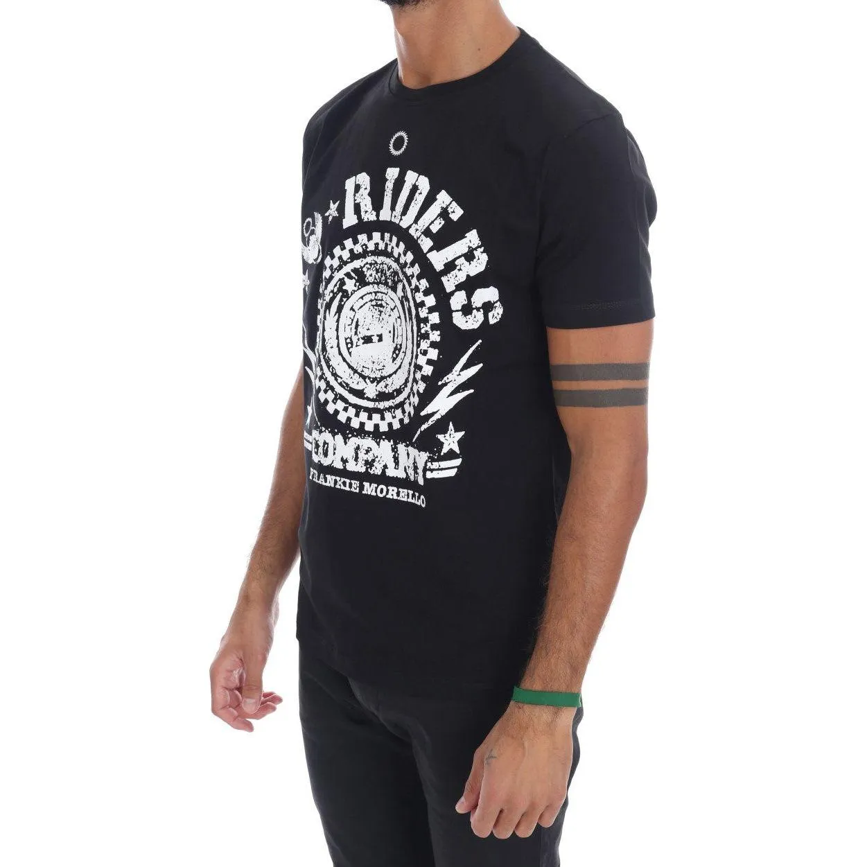 Frankie Morello Chic Black Crewneck Tee with 'RIDERS' Motif