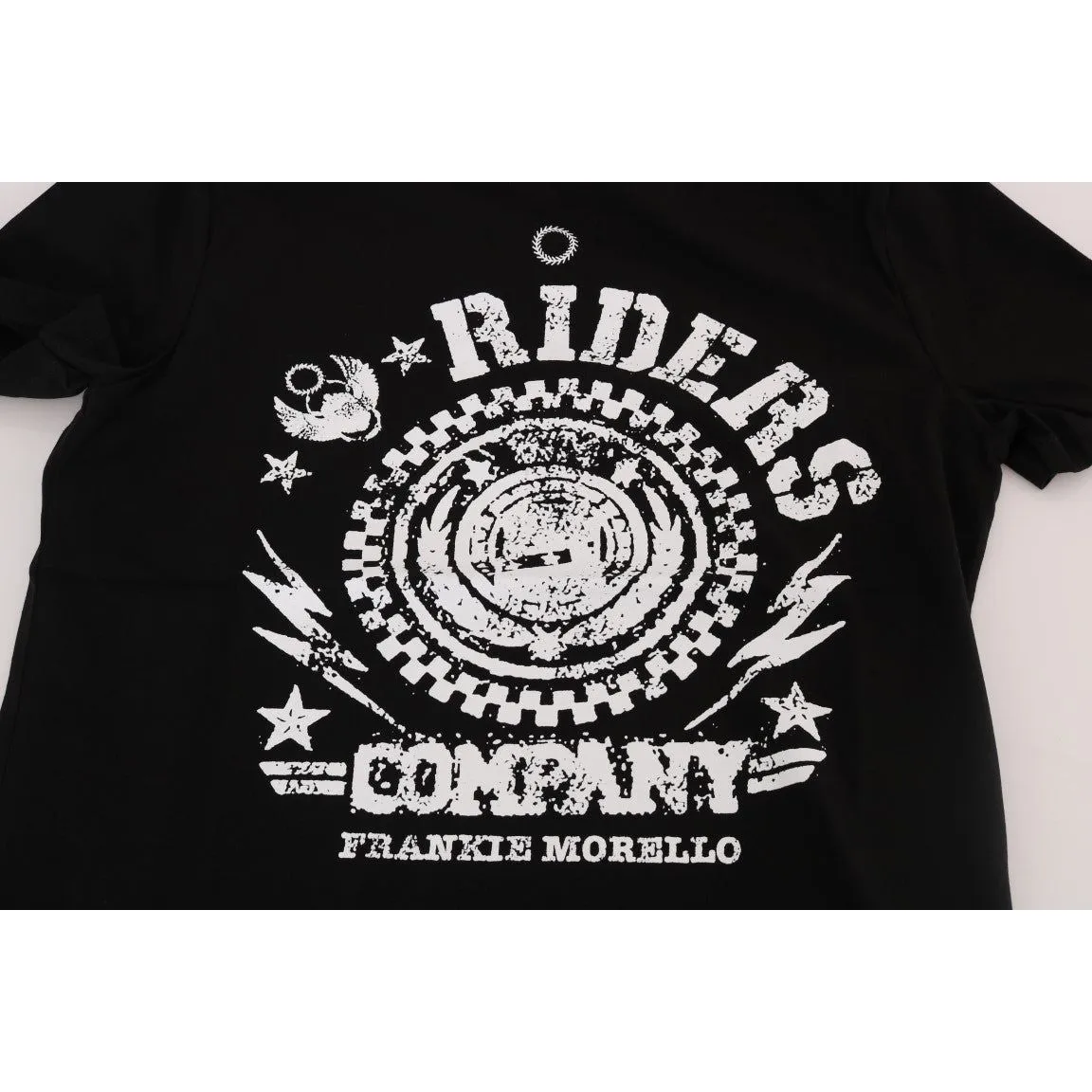 Frankie Morello Chic Black Crewneck Tee with 'RIDERS' Motif