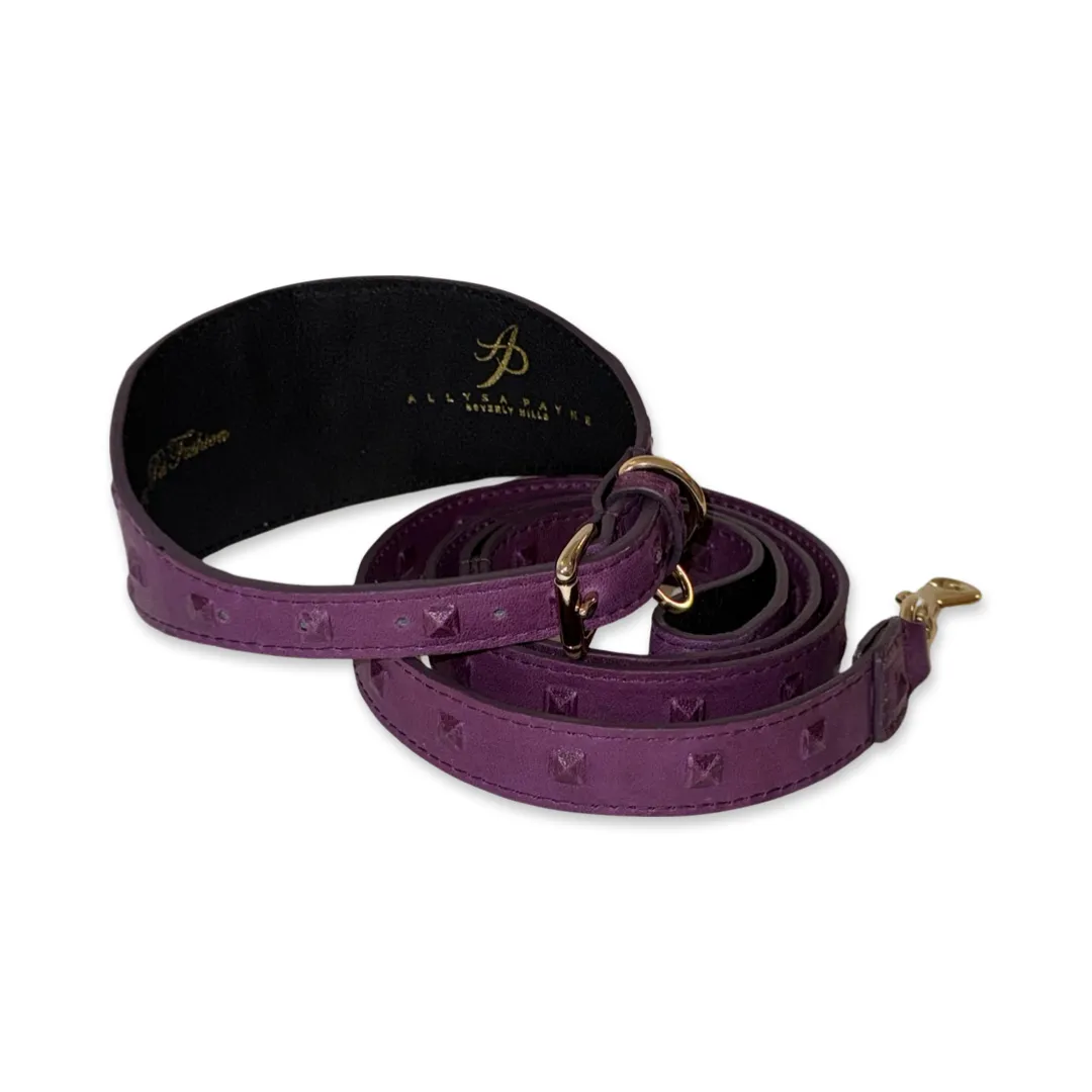 Glamorous Boysenberry, Embossed Studded Italian Leather 3” Wide Style Collar & Leash Set!