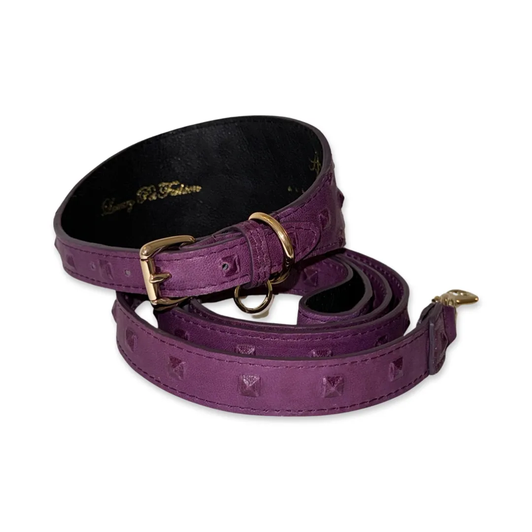 Glamorous Boysenberry, Embossed Studded Italian Leather 3” Wide Style Collar & Leash Set!