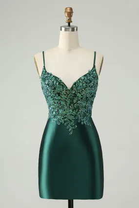 Glitter Dark Green Tight V Neck Short Homecoming Dress with Sequins