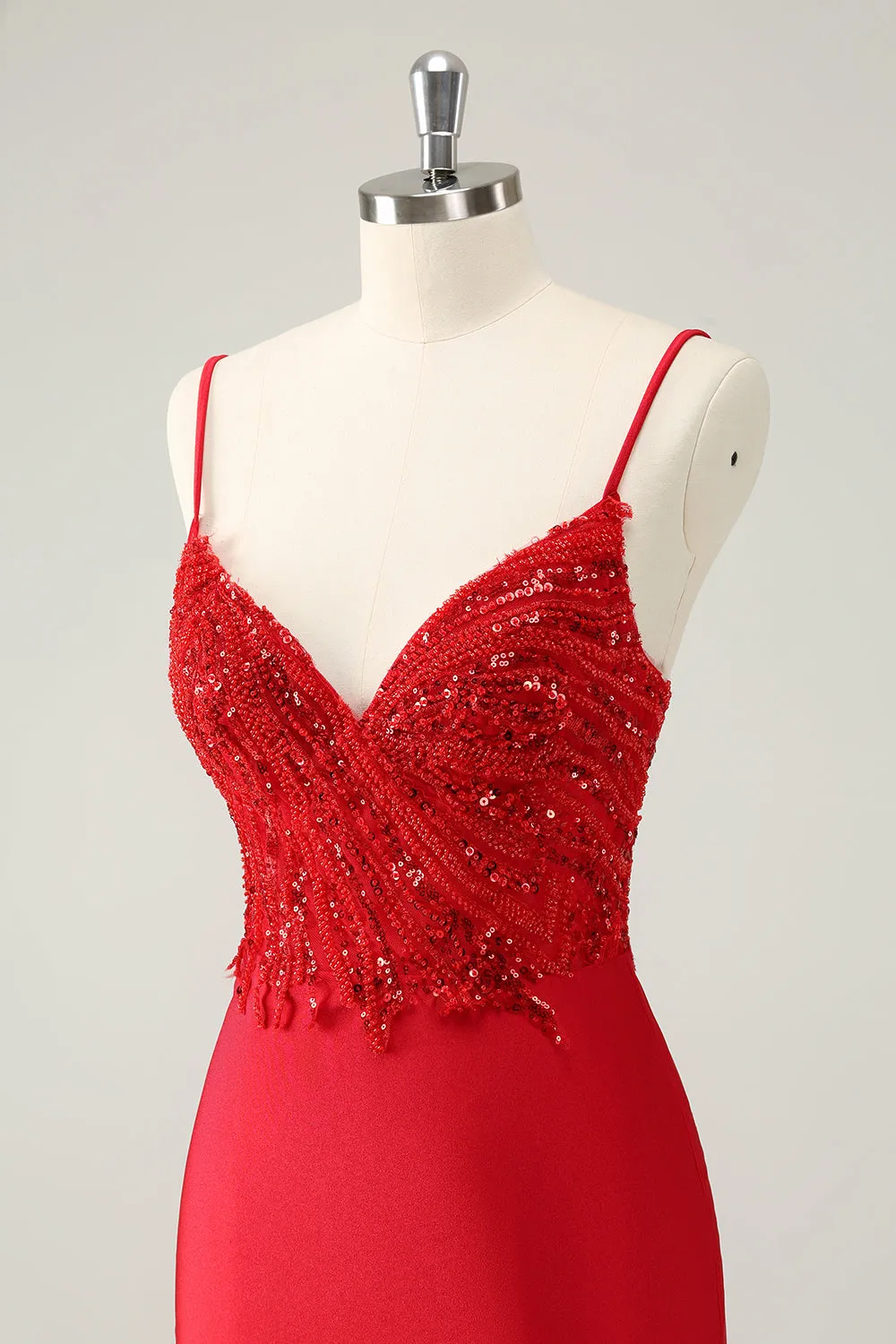 Gorgeous Red Bodycon Spaghetti Straps Short Homecoming Dress with Sequins