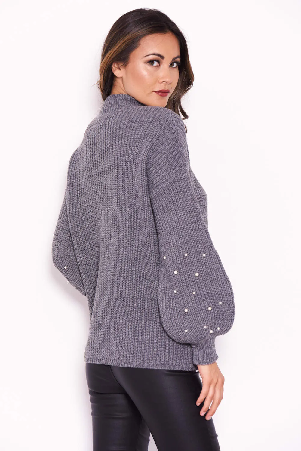 Grey Jumper With Pearl Detail