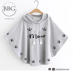 Grey Meow Printed Hood Cape