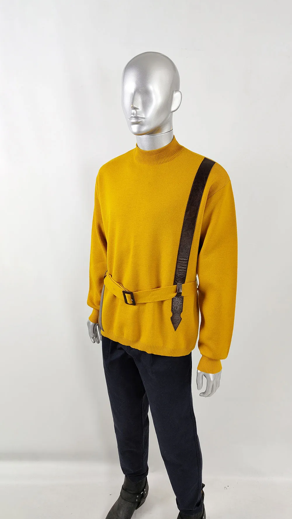 Harrods Vintage Mens Mustard Yellow Wool & Vinyl Belted Jumper, 1960s