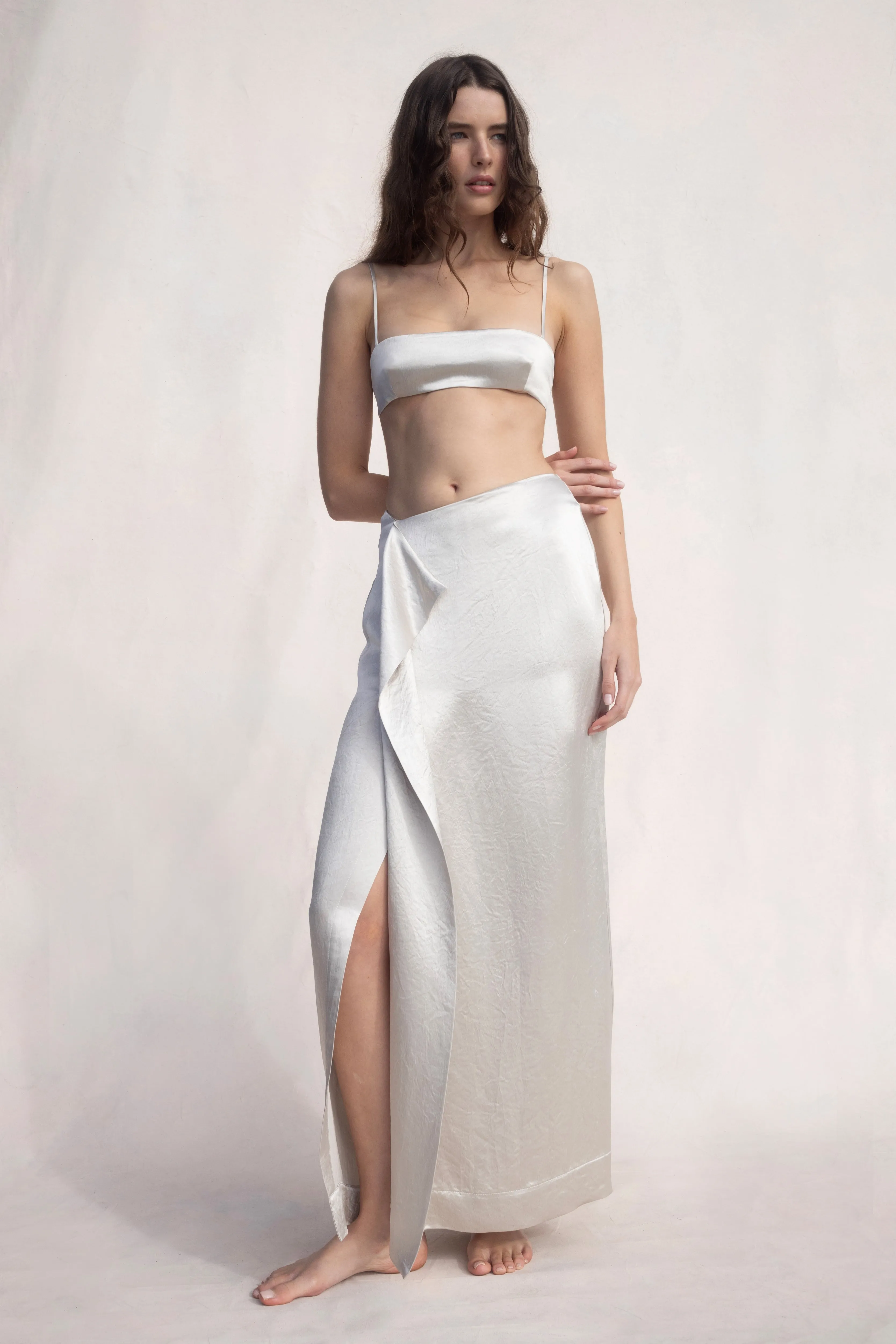 Kobe Satin Origami Maxi Skirt - Silver