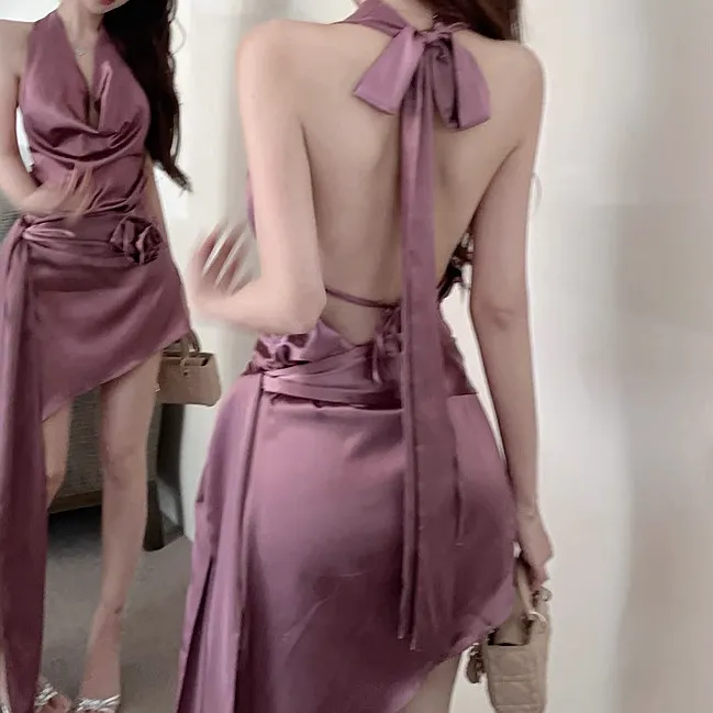 Large Backless Strappy Halterneck Bow Purple Dress