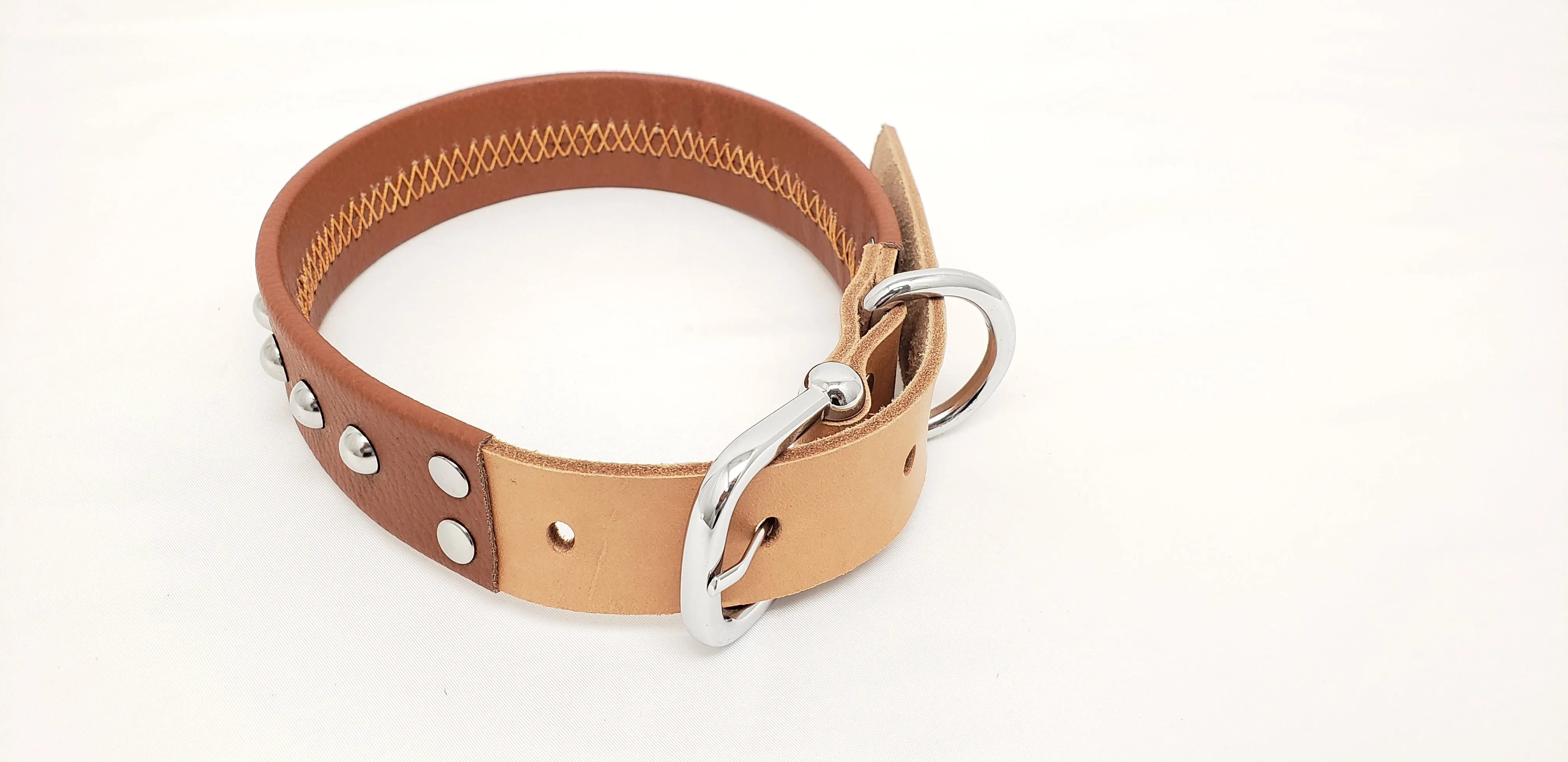 Leather Dog Collar with Single Line of Silver Chrome Buttons - Dark Brown - Medium