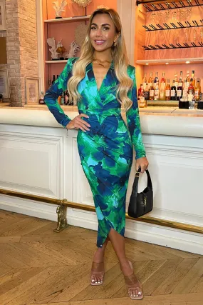 Lola Green Multi Print Wrap Front Midi Dress