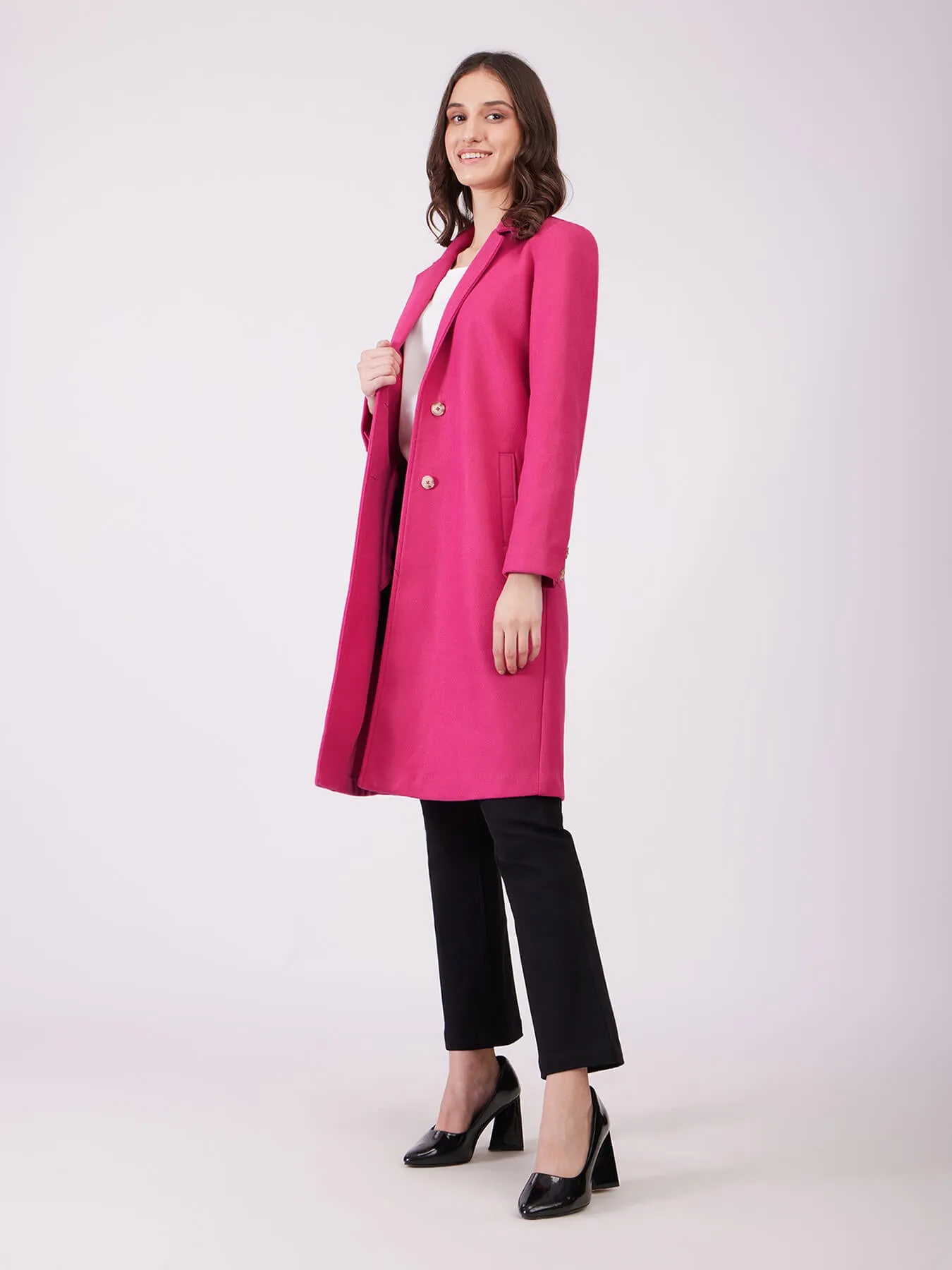 Long Felted Overcoat - Fuchsia