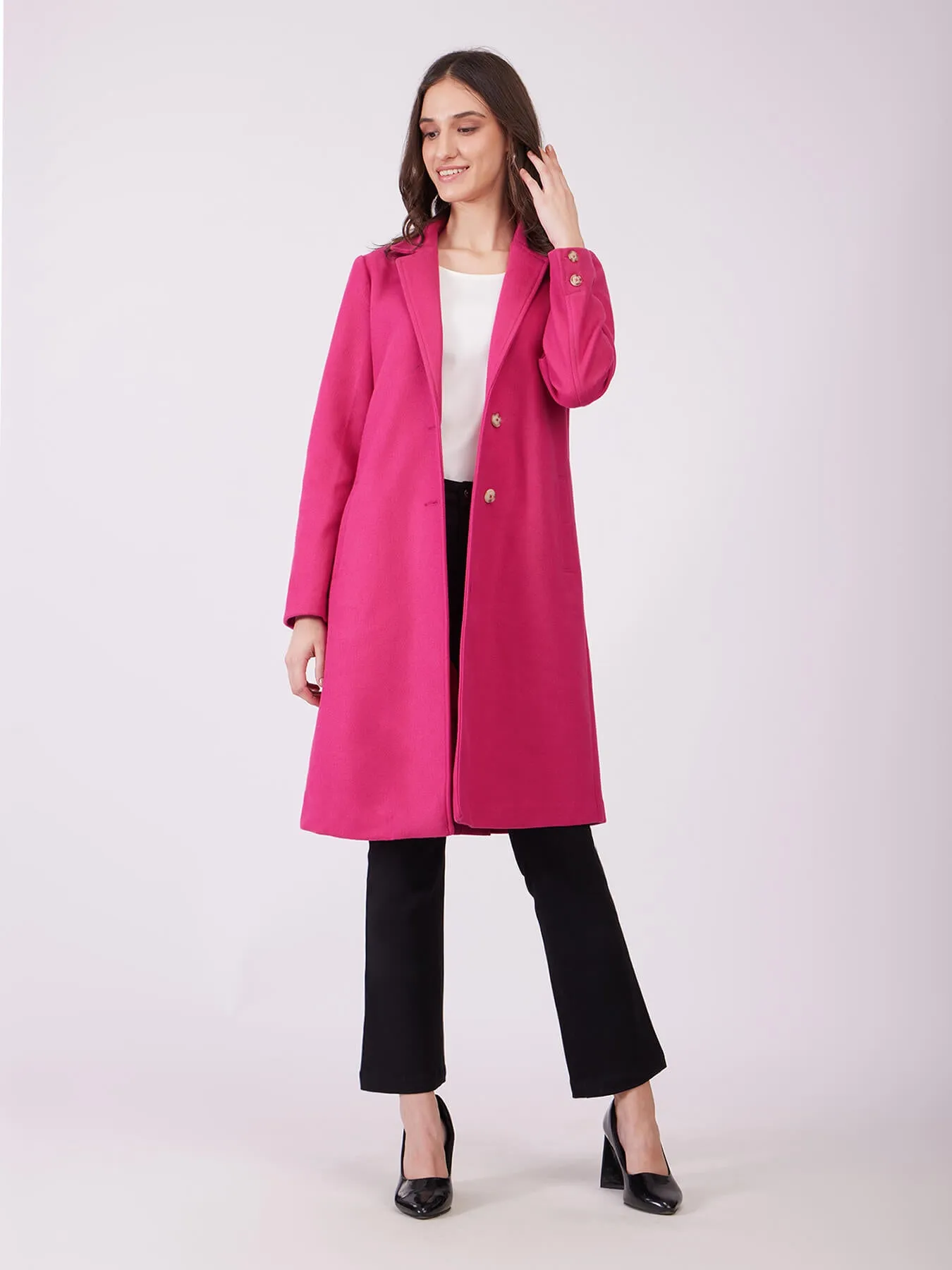 Long Felted Overcoat - Fuchsia