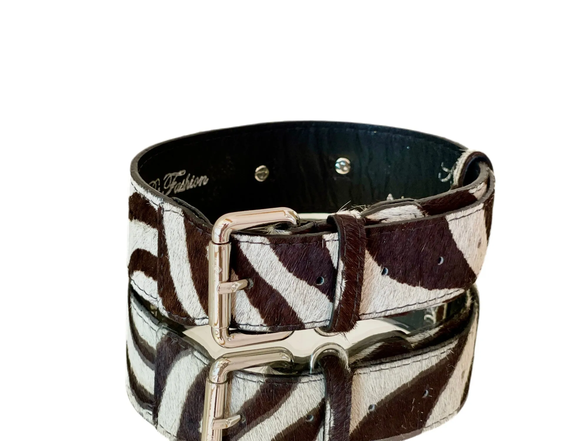 Luxury Pet Fashion Zebra Print Hair On Hide Italian Leather Collar With Classic Hardware