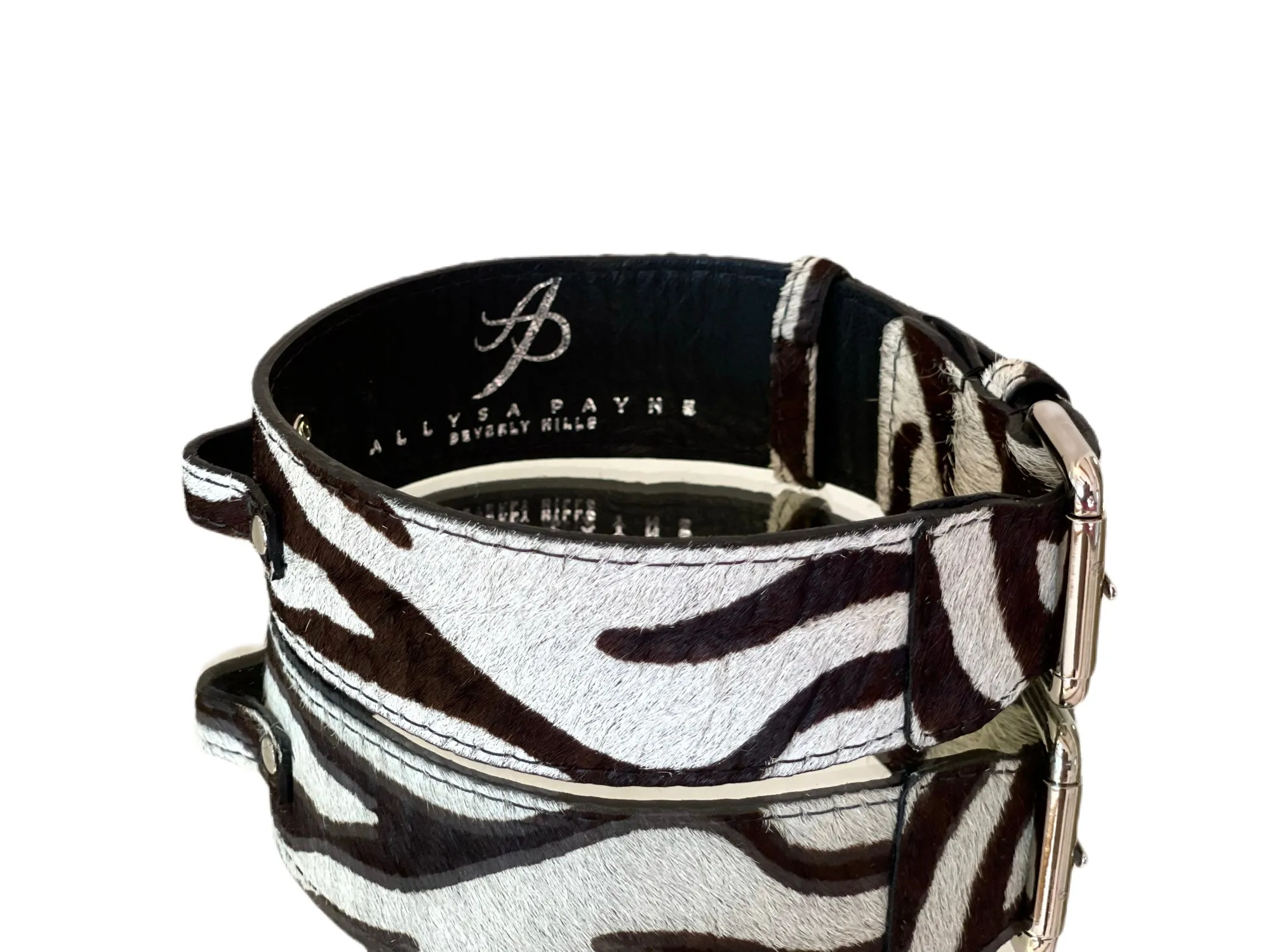 Luxury Pet Fashion Zebra Print Hair On Hide Italian Leather Collar With Classic Hardware