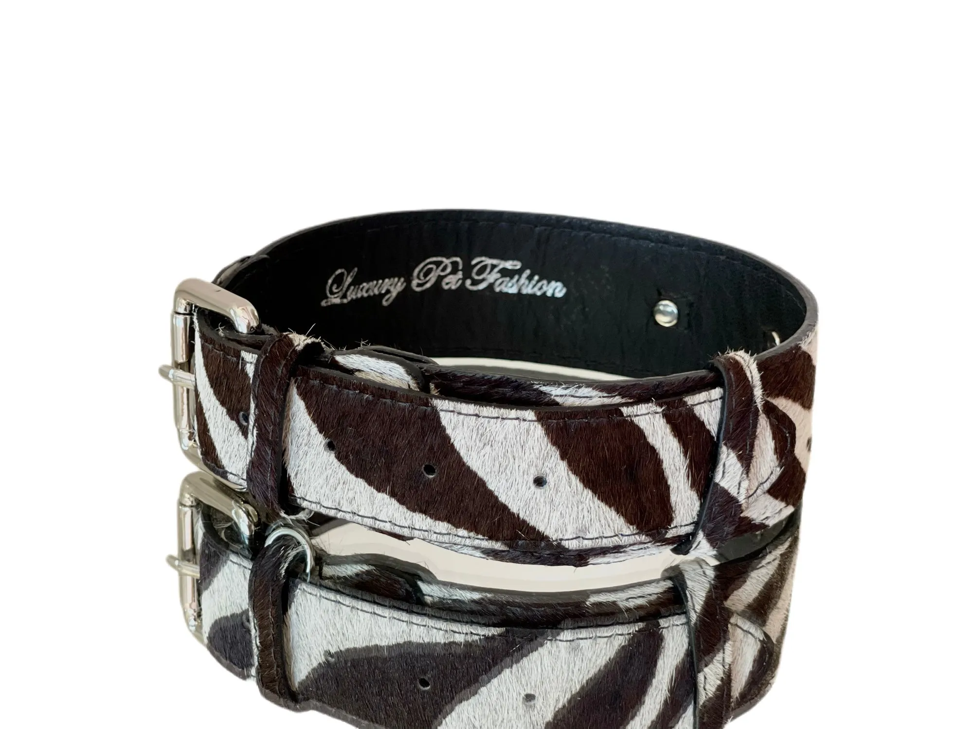 Luxury Pet Fashion Zebra Print Hair On Hide Italian Leather Collar With Classic Hardware