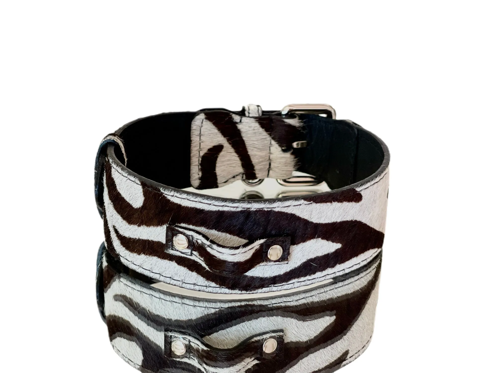 Luxury Pet Fashion Zebra Print Hair On Hide Italian Leather Collar With Classic Hardware