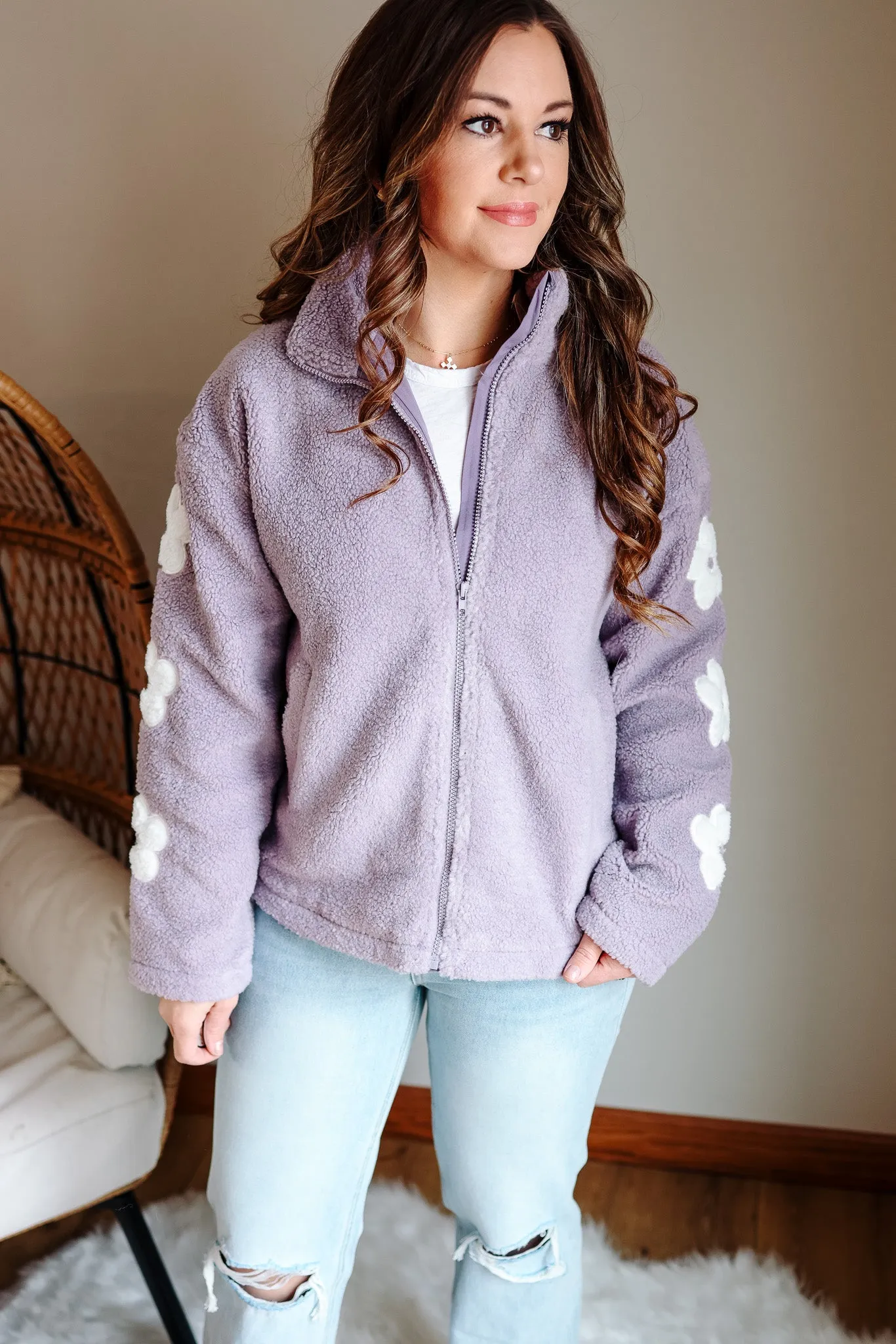 Maddie Flower Embroidery Zip Up - Lavender