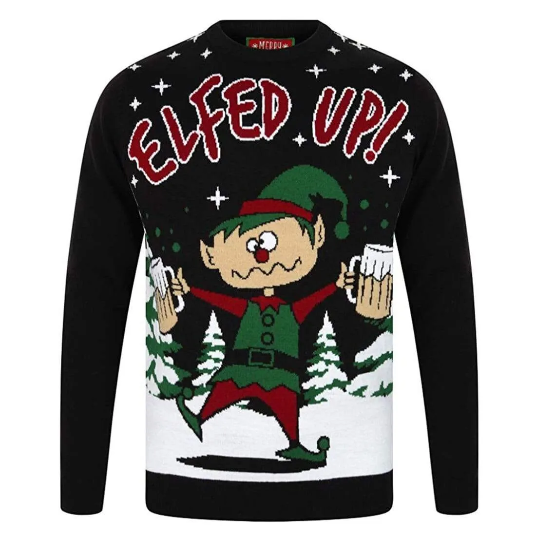 Mens Novelty Christmas Jumper Elfed Up Naughty Booze Elf