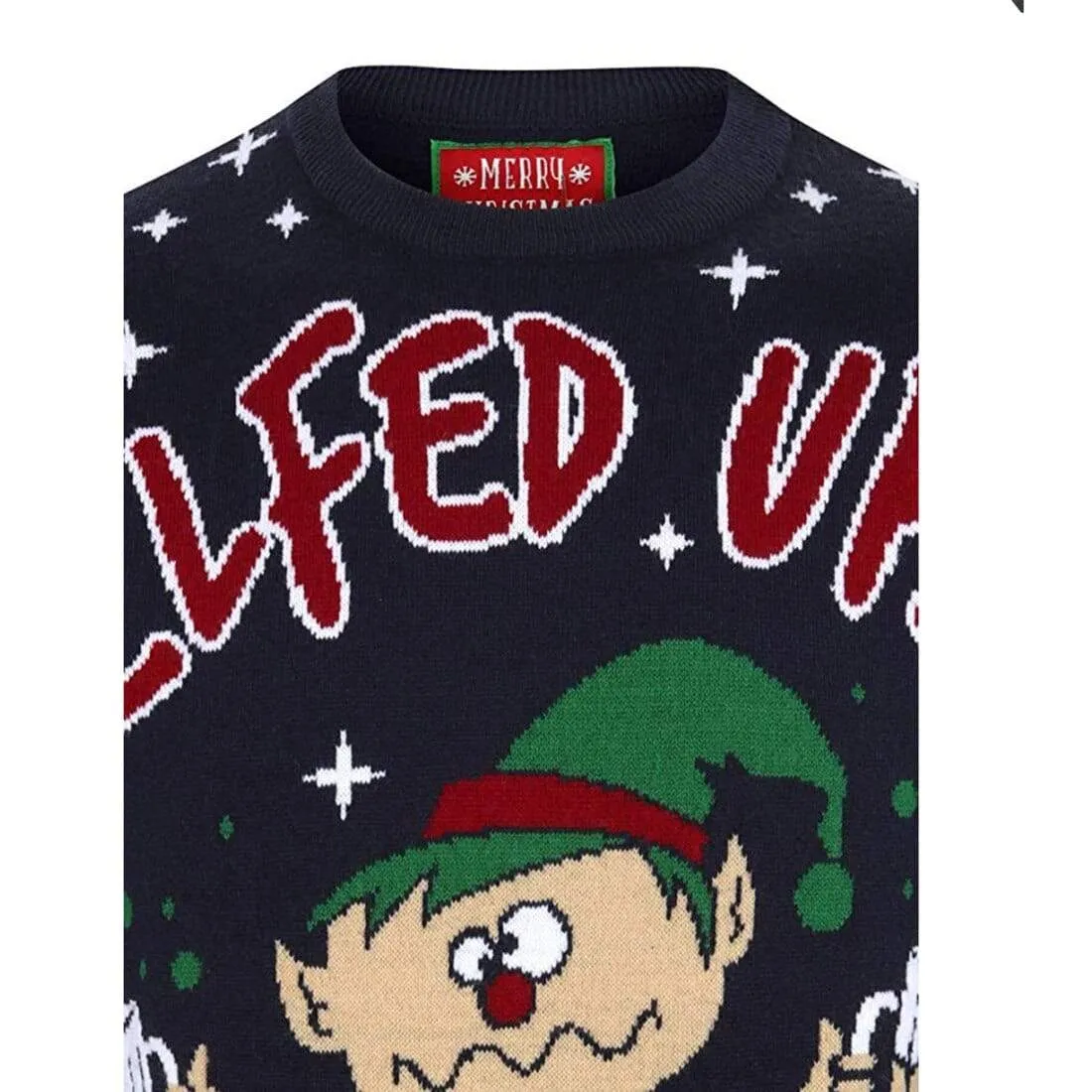 Mens Novelty Christmas Jumper Elfed Up Naughty Booze Elf