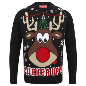 Mens Novelty Christmas Jumper Pucker Up Mistletoe Reindeer