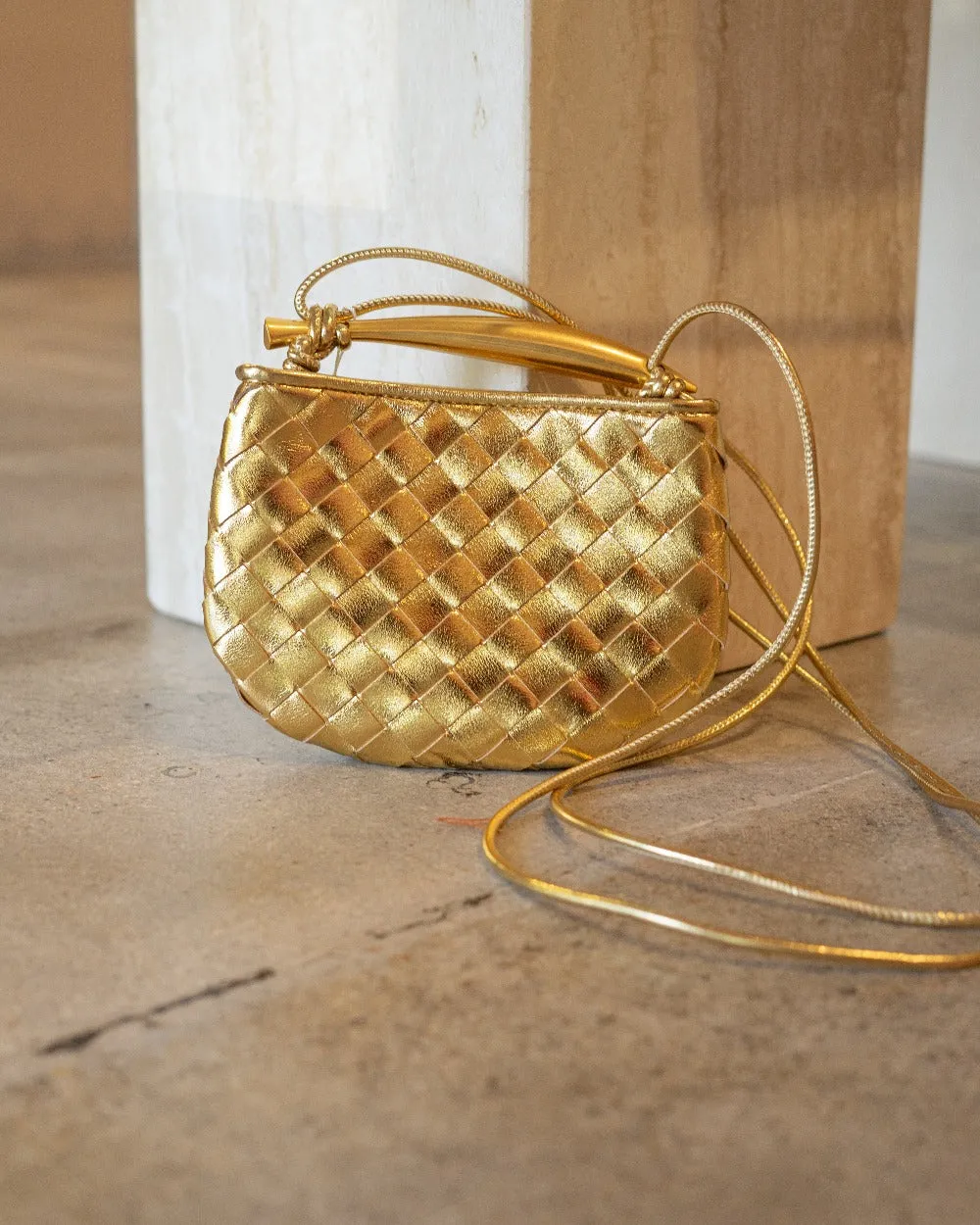 Mini Woven Genuine Leather Handle Crossbody Bag