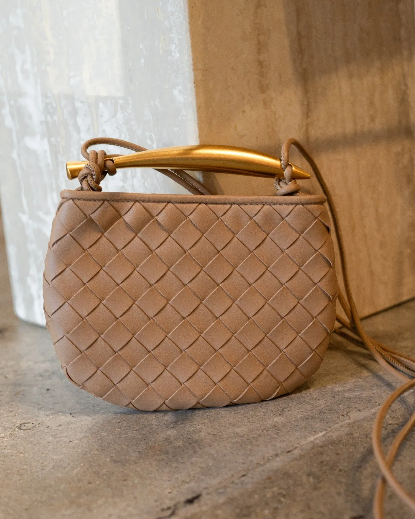 Mini Woven Genuine Leather Handle Crossbody Bag