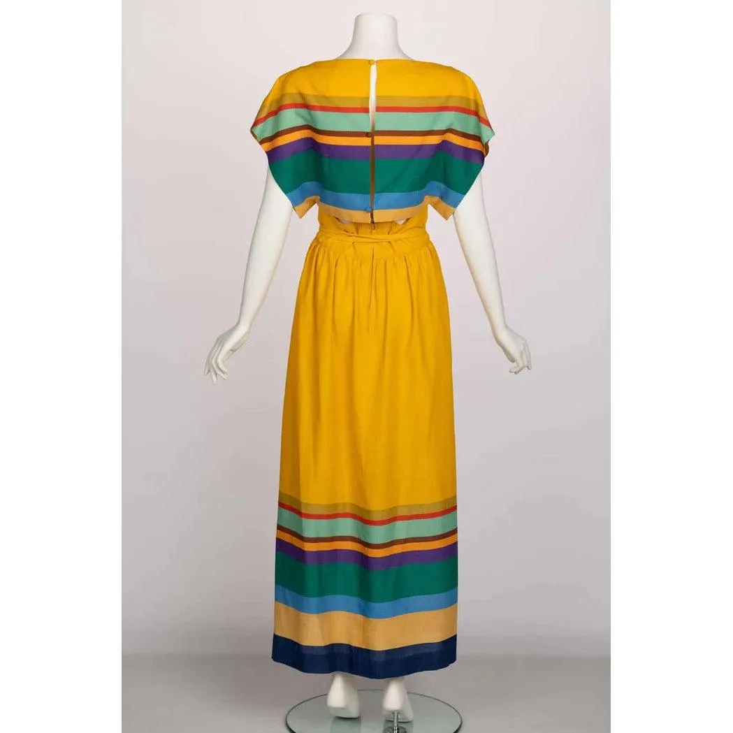 MOLLIE PARNIS 1970s Yellow Striped Crop Top Bralette Maxi Skirt Set | Small