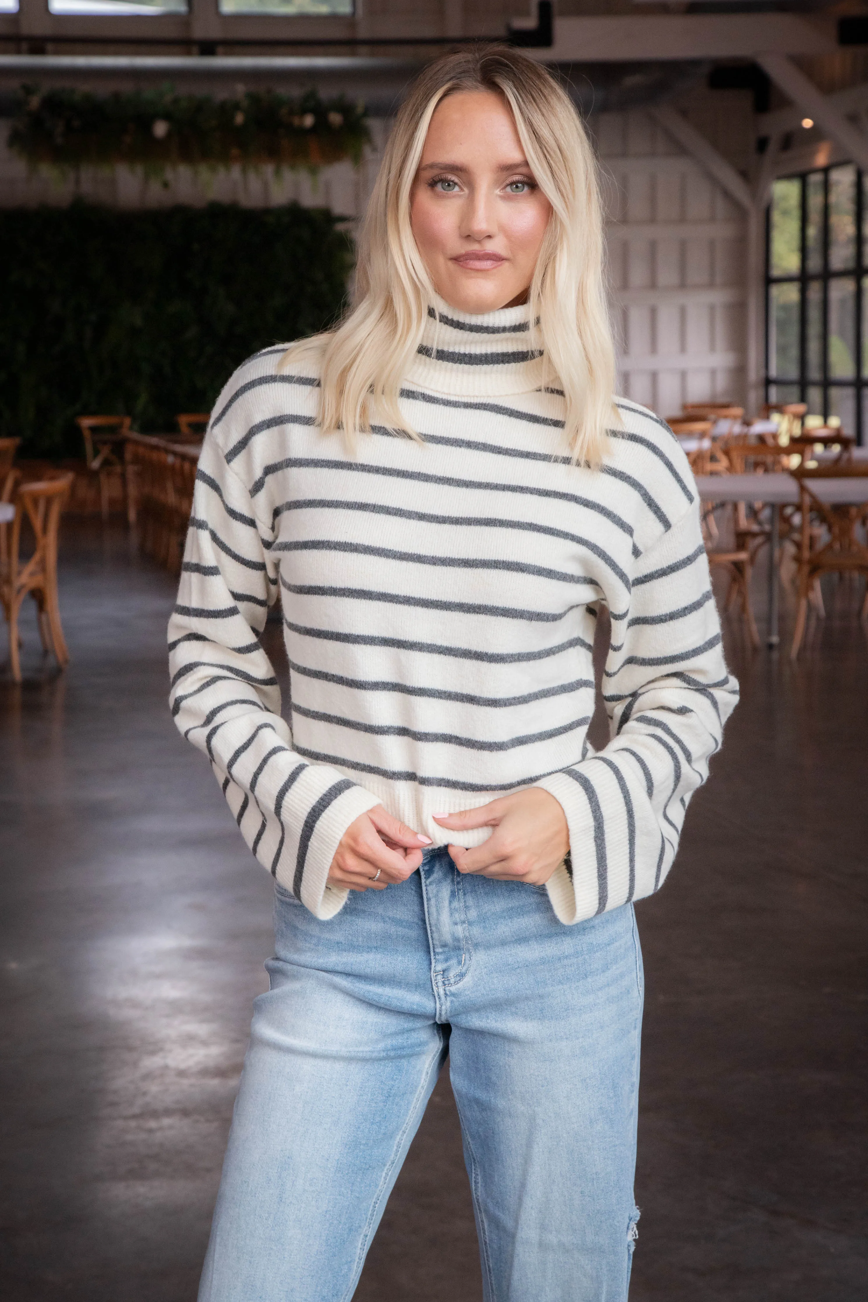 Narsha Turtleneck Sweater, Ivory Stripe | Steve Madden