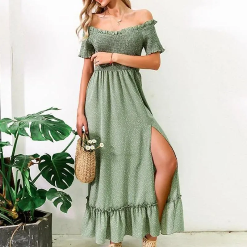 Off Shoulder Polka Dot Ruffle High Waist Pleated Long Dress