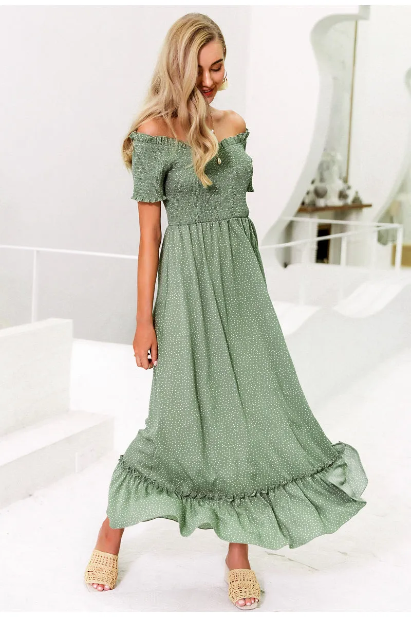 Off Shoulder Polka Dot Ruffle High Waist Pleated Long Dress