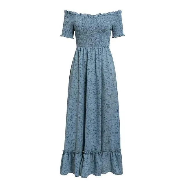 Off Shoulder Polka Dot Ruffle High Waist Pleated Long Dress