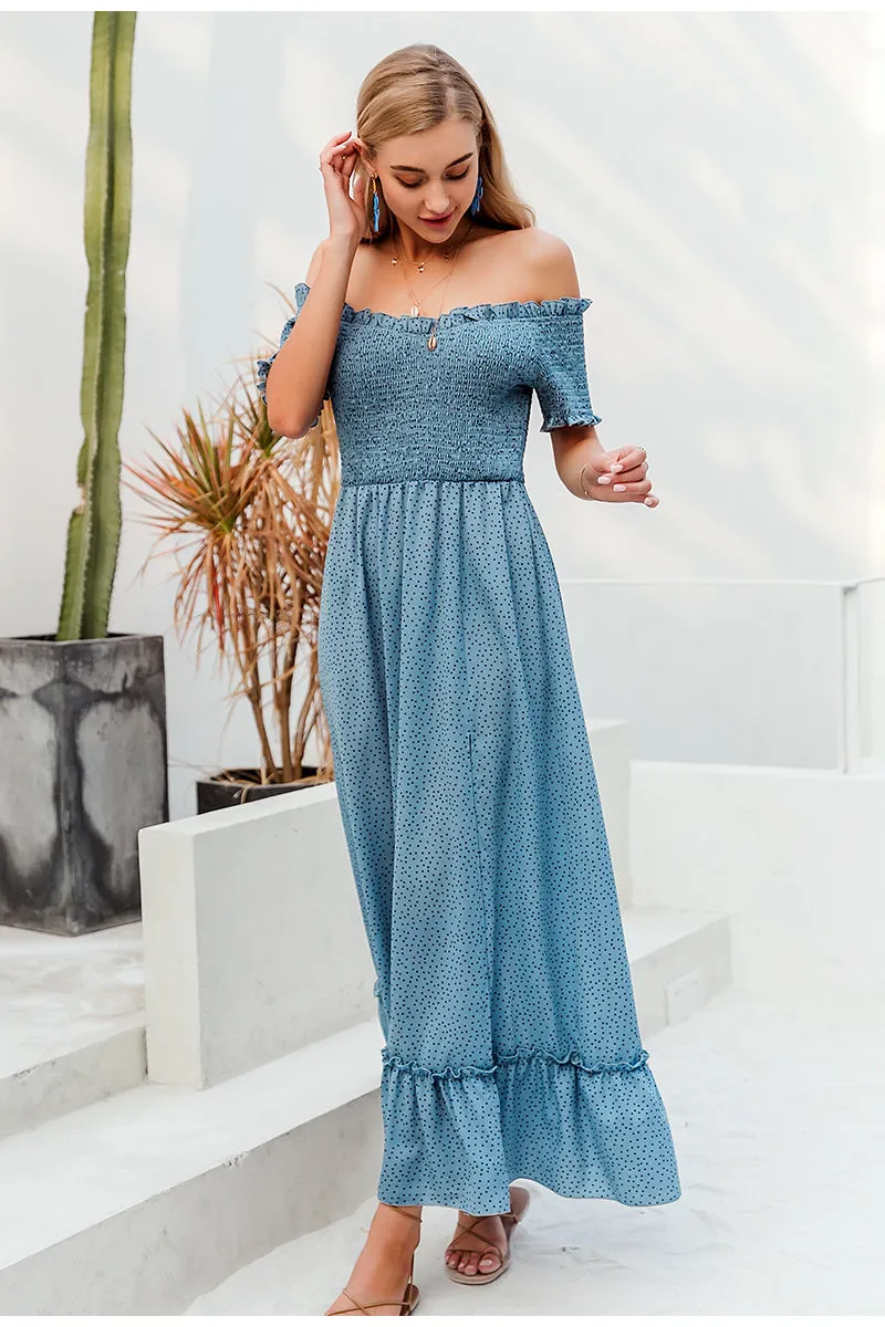 Off Shoulder Polka Dot Ruffle High Waist Pleated Long Dress