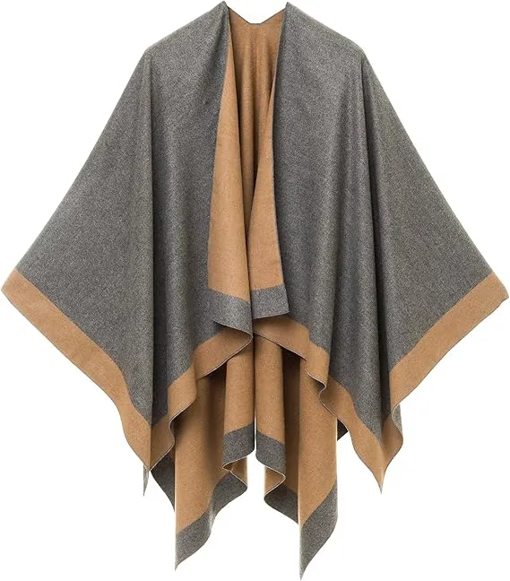 Orange-Beige Luxurious Knit Sweater Poncho Cardigan