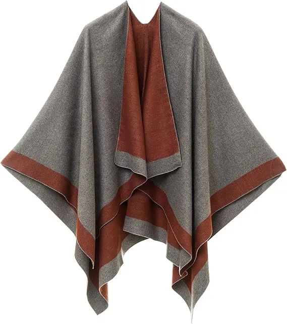 Orange-Beige Luxurious Knit Sweater Poncho Cardigan