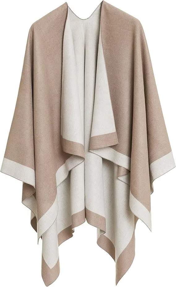 Orange-Beige Luxurious Knit Sweater Poncho Cardigan