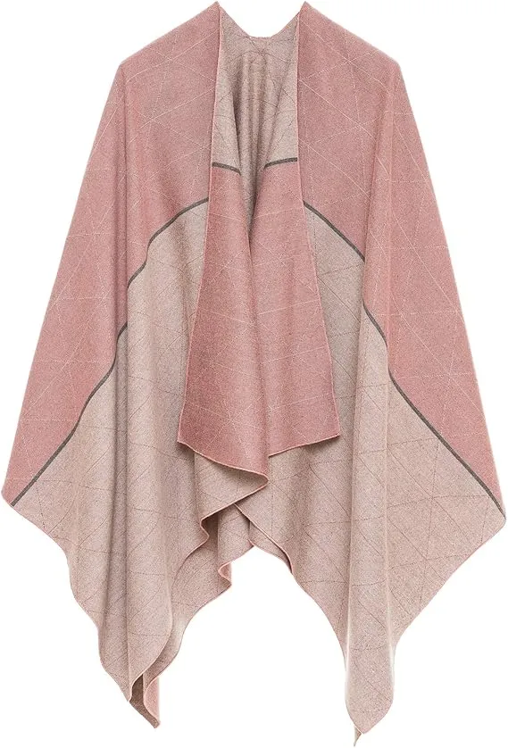 Orange-Beige Luxurious Knit Sweater Poncho Cardigan