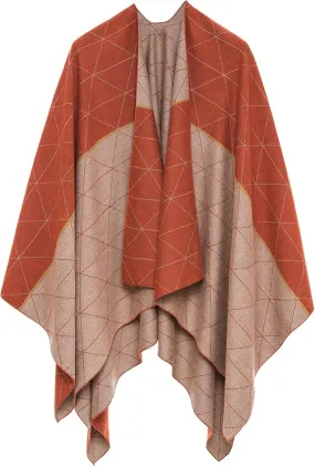 Orange-Beige Luxurious Knit Sweater Poncho Cardigan