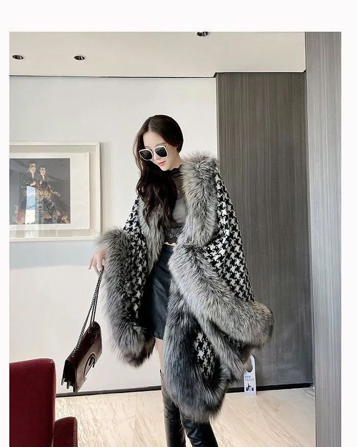 Over coat women faux fur plaid poncho shawl