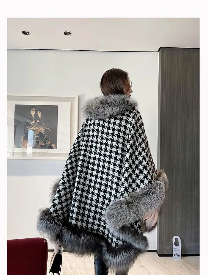 Over coat women faux fur plaid poncho shawl