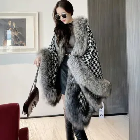 Over coat women faux fur plaid poncho shawl