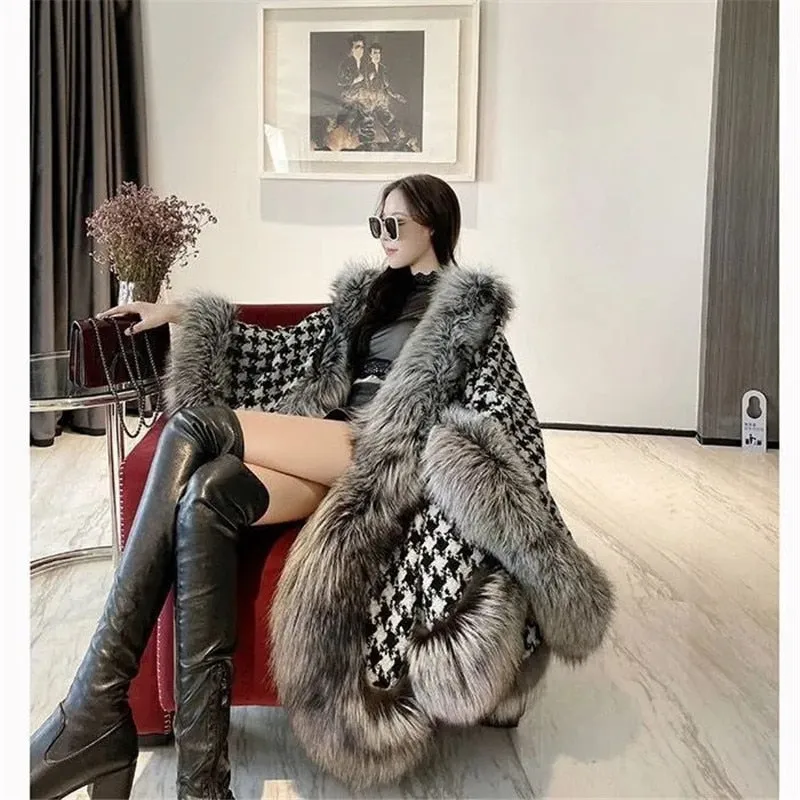 Over coat women faux fur plaid poncho shawl