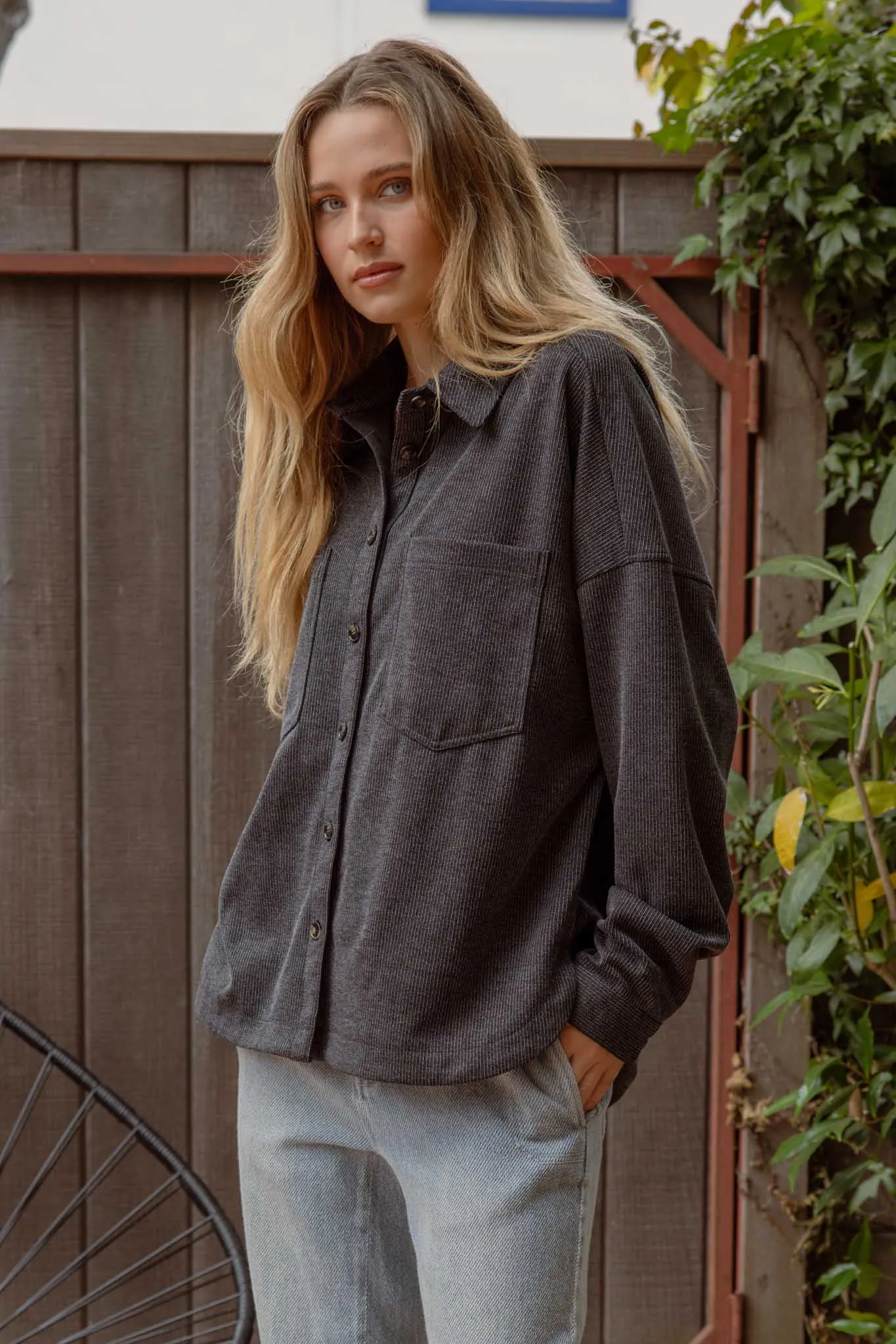 OVERSIZED PINSTRIPE COLLARED BUTTON DOWN SHACKET