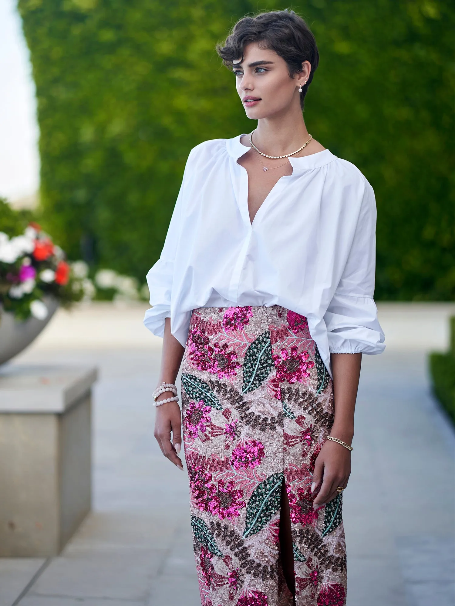 Paillette Floral Pencil Skirt