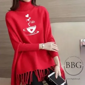 Red I Love Coffee Printed Poncho