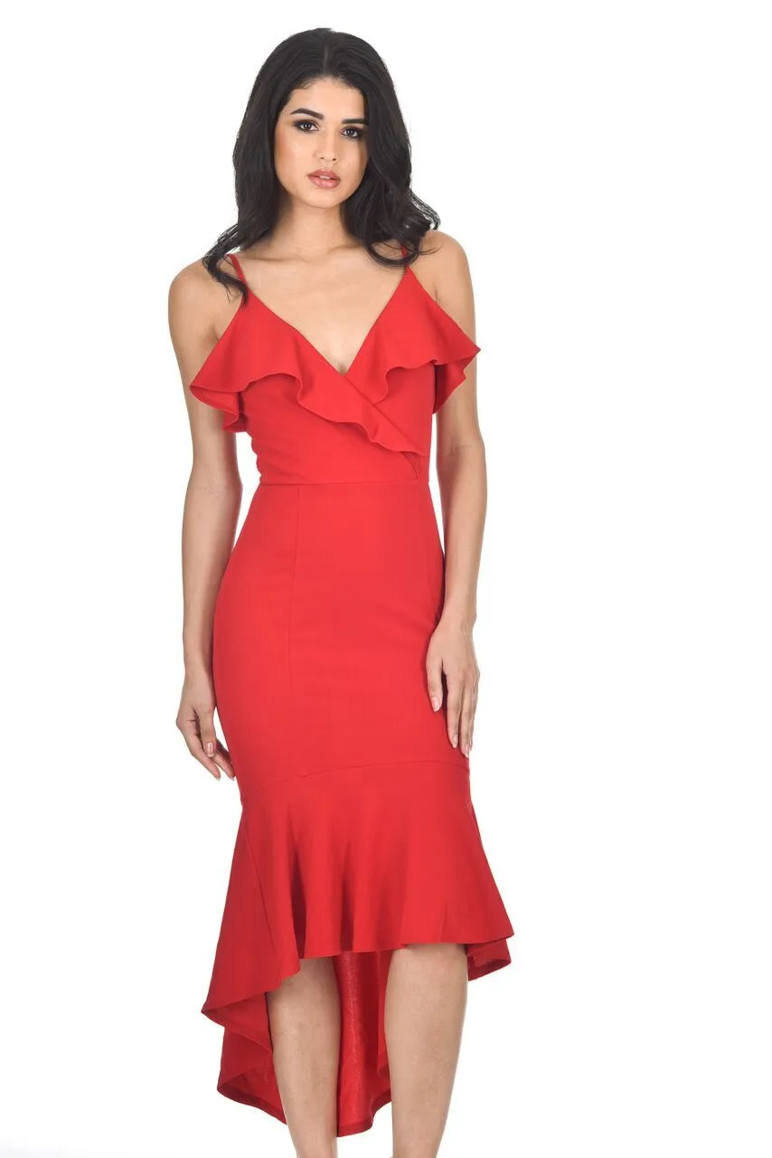 Red Wrap Fishtail Midi Dress