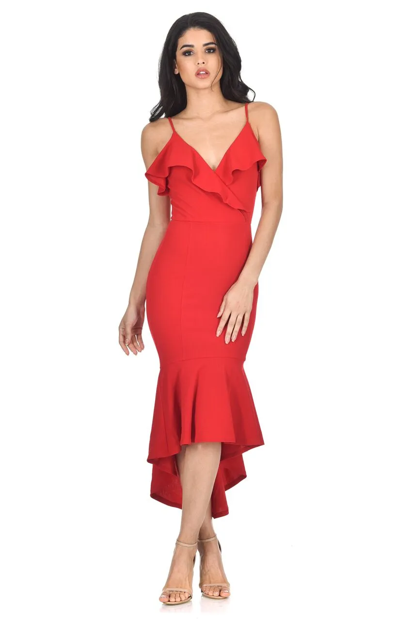 Red Wrap Fishtail Midi Dress