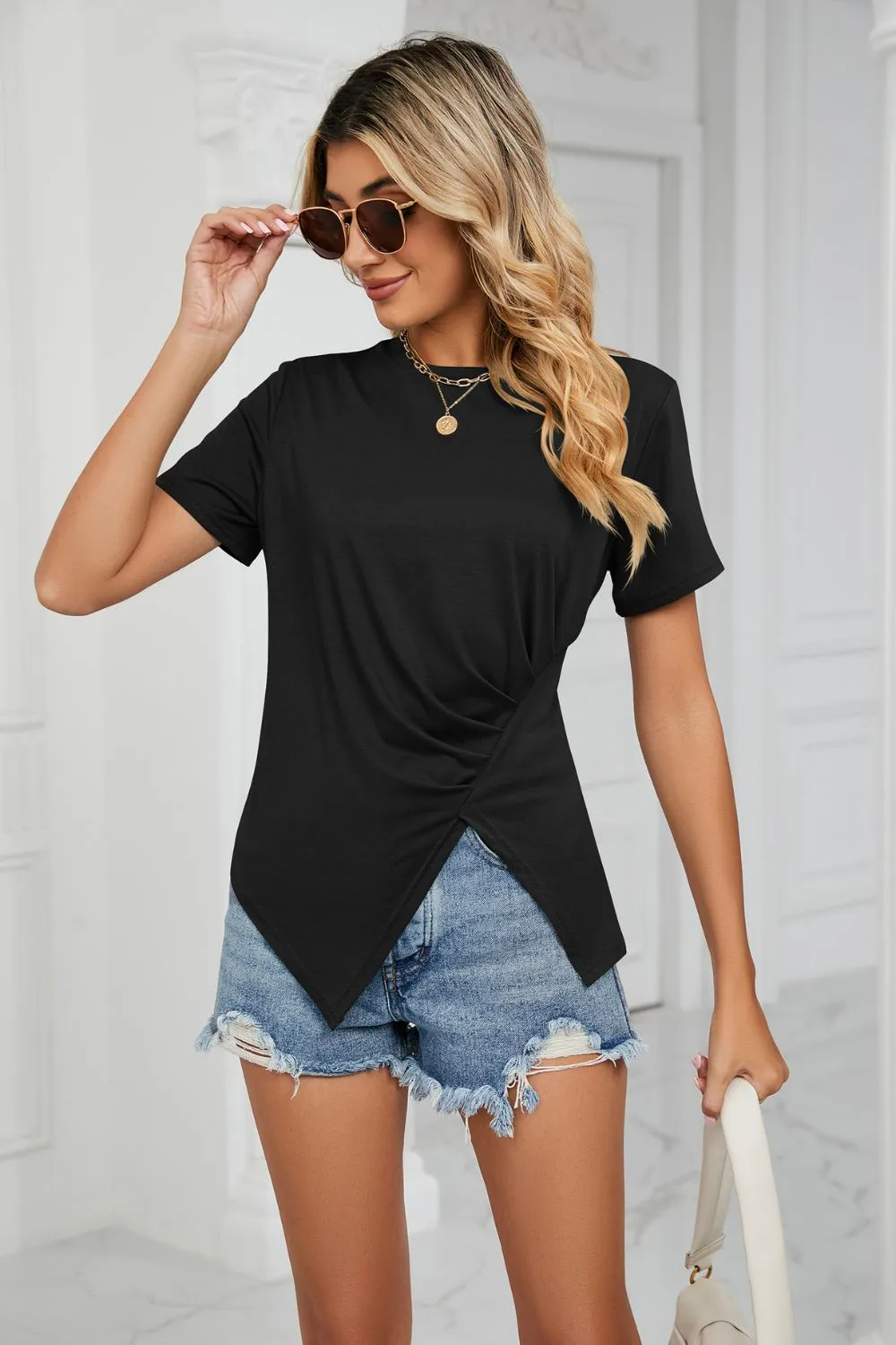 Ruched Hem Detail Crewneck T-Shirt