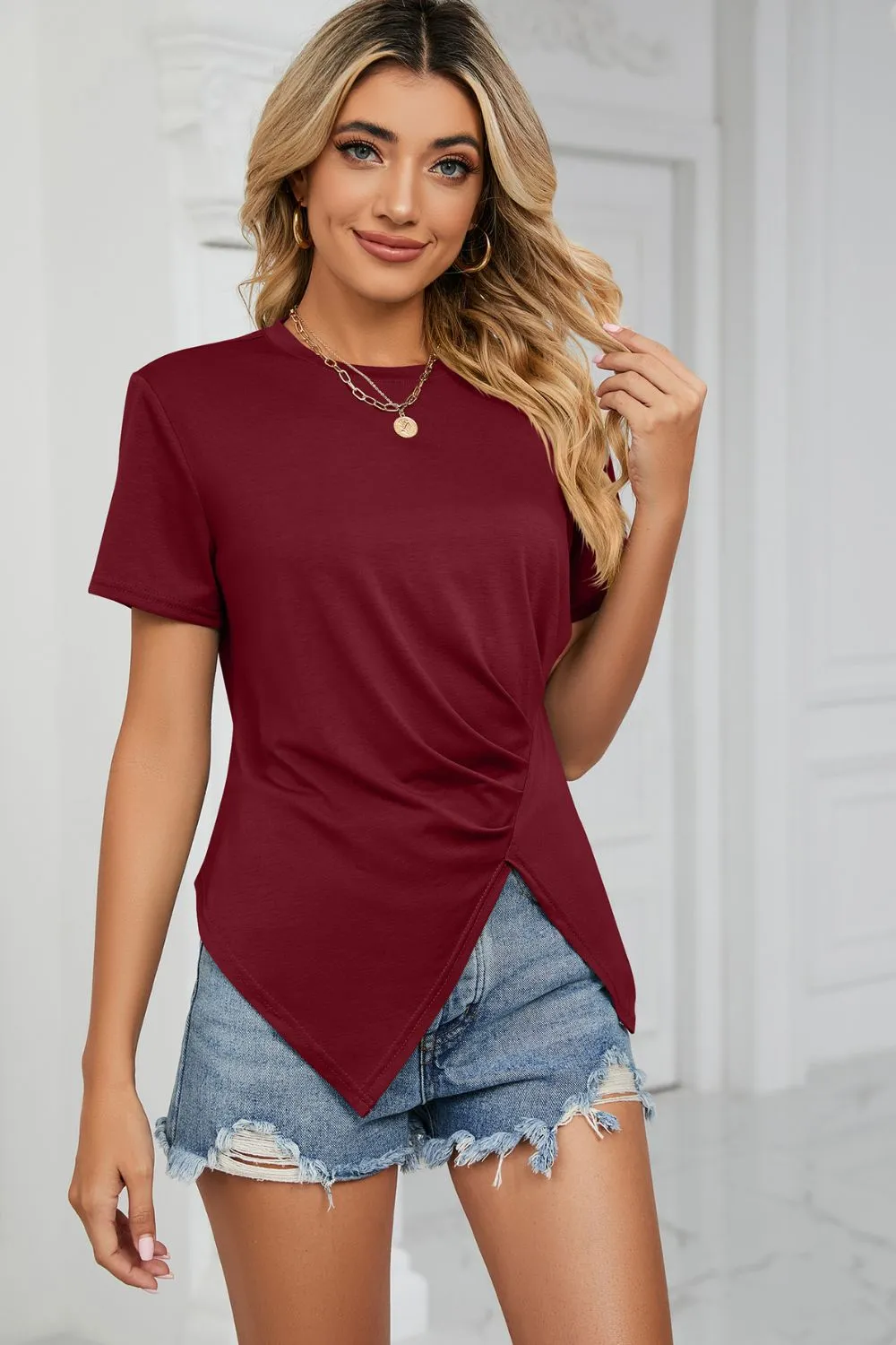 Ruched Hem Detail Crewneck T-Shirt