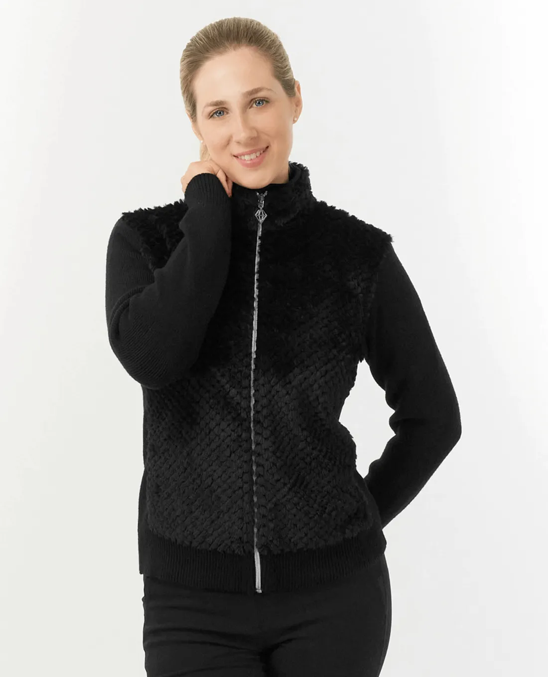 SIZE M - PURE GOLF Ellisa Knitted Zipped cardigan with faux fur front 508 Black