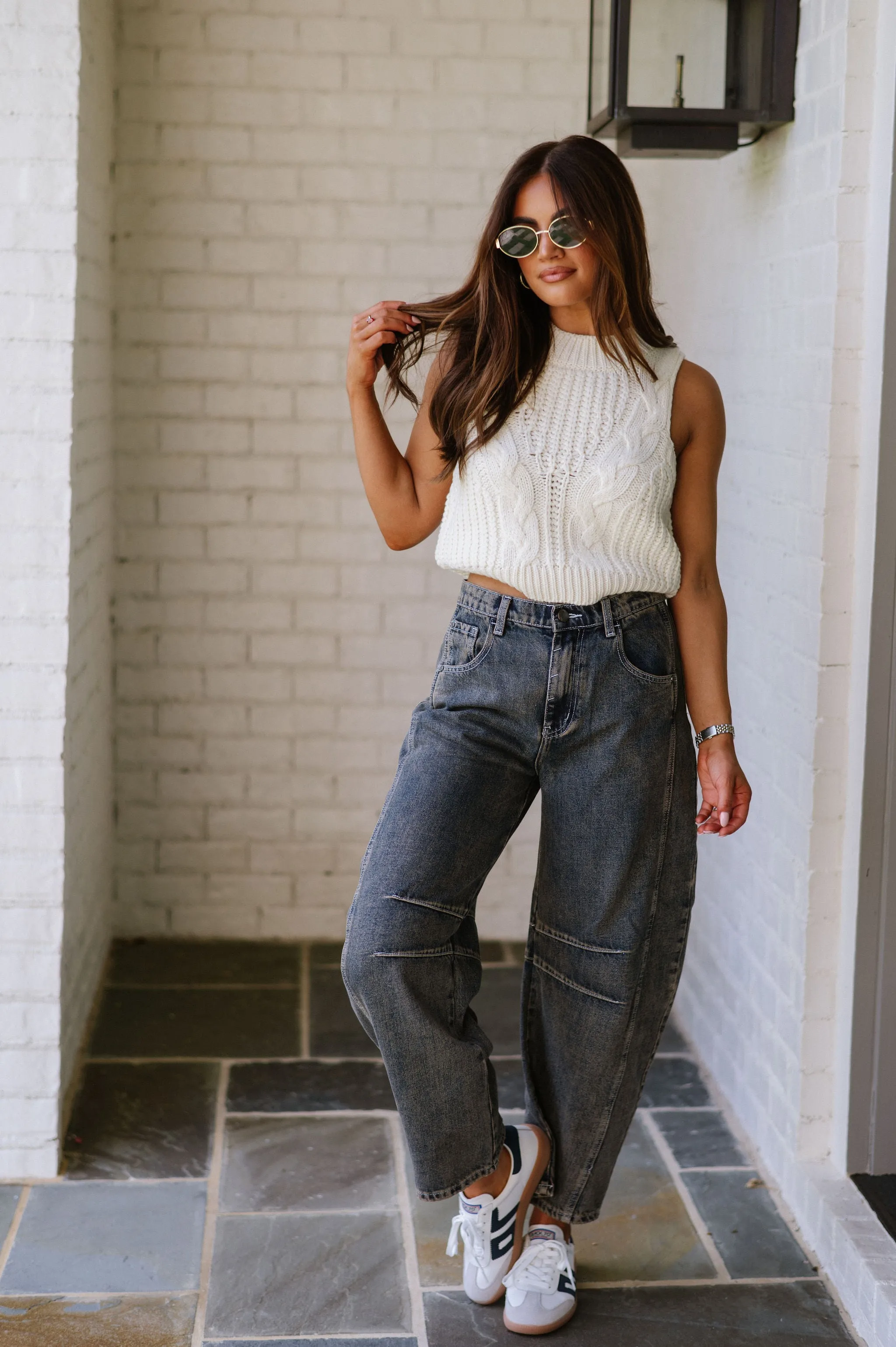 Sleeveless Cable Sweater Top-Cream