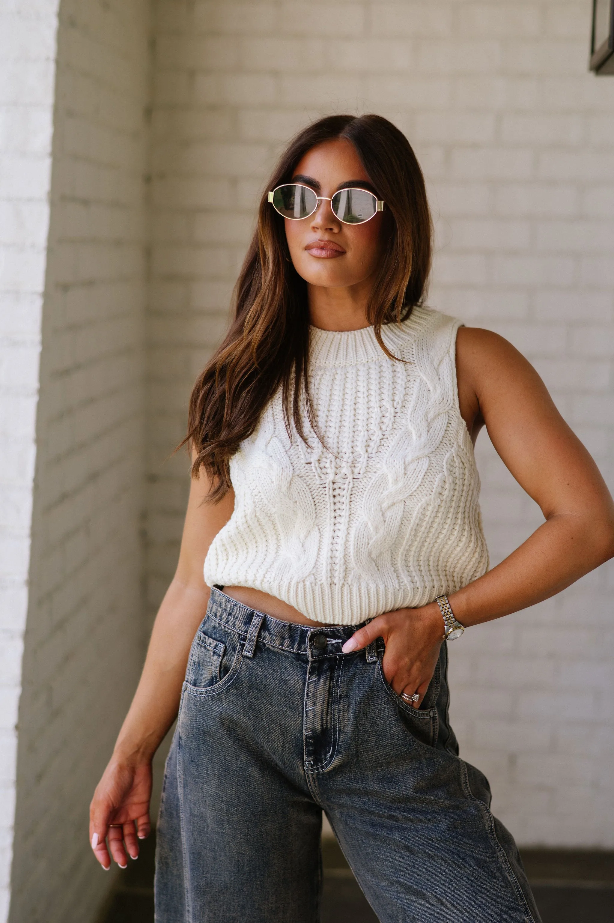 Sleeveless Cable Sweater Top-Cream